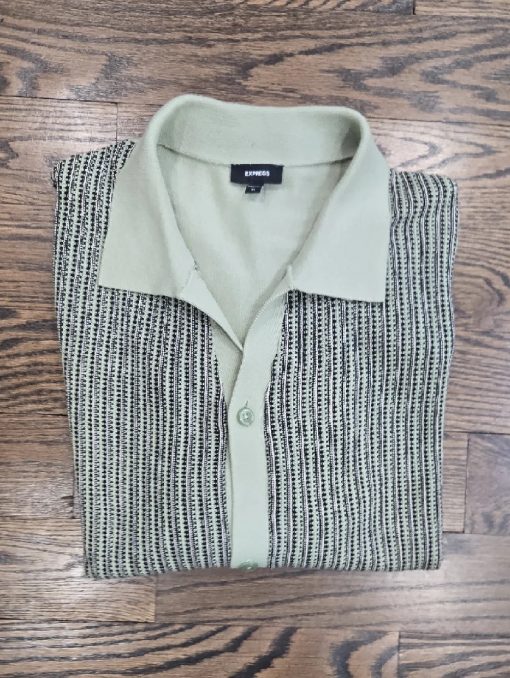 Express Patterned Knit Polo Shirt XL Green Mens Button Up Retro Sweater Polo - Picture 5 of 5